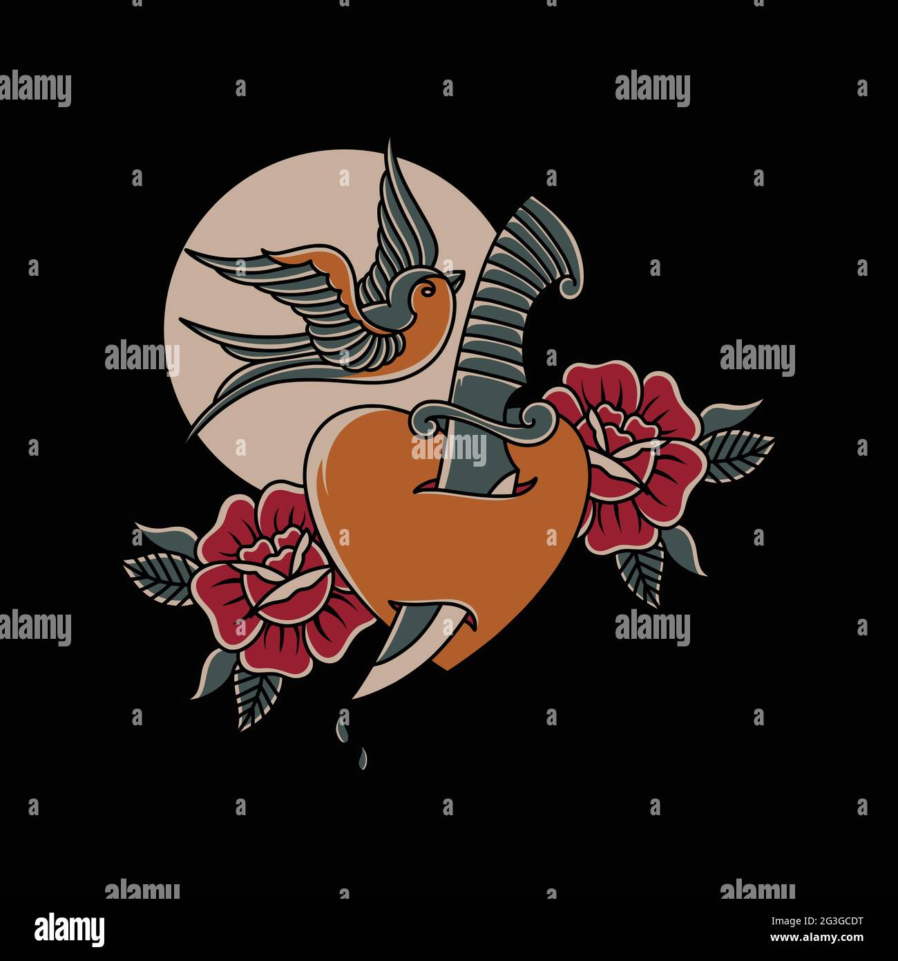 Illustration vecteur hirondelle sauvage oiseau dagger amour avec des roses dans le style traditionnel de tatouage Illustration de Vecteur