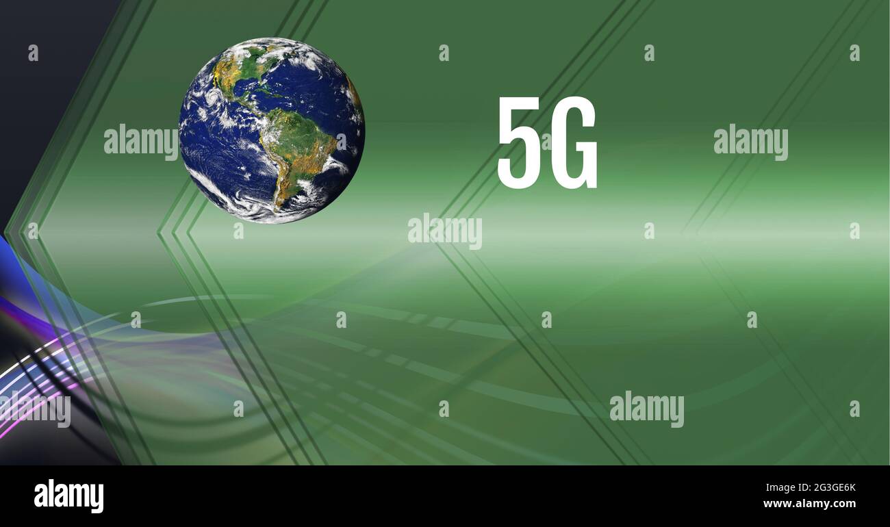 5 g de texte et de globe sur les ondes numériques sur fond de technologie verte Banque D'Images