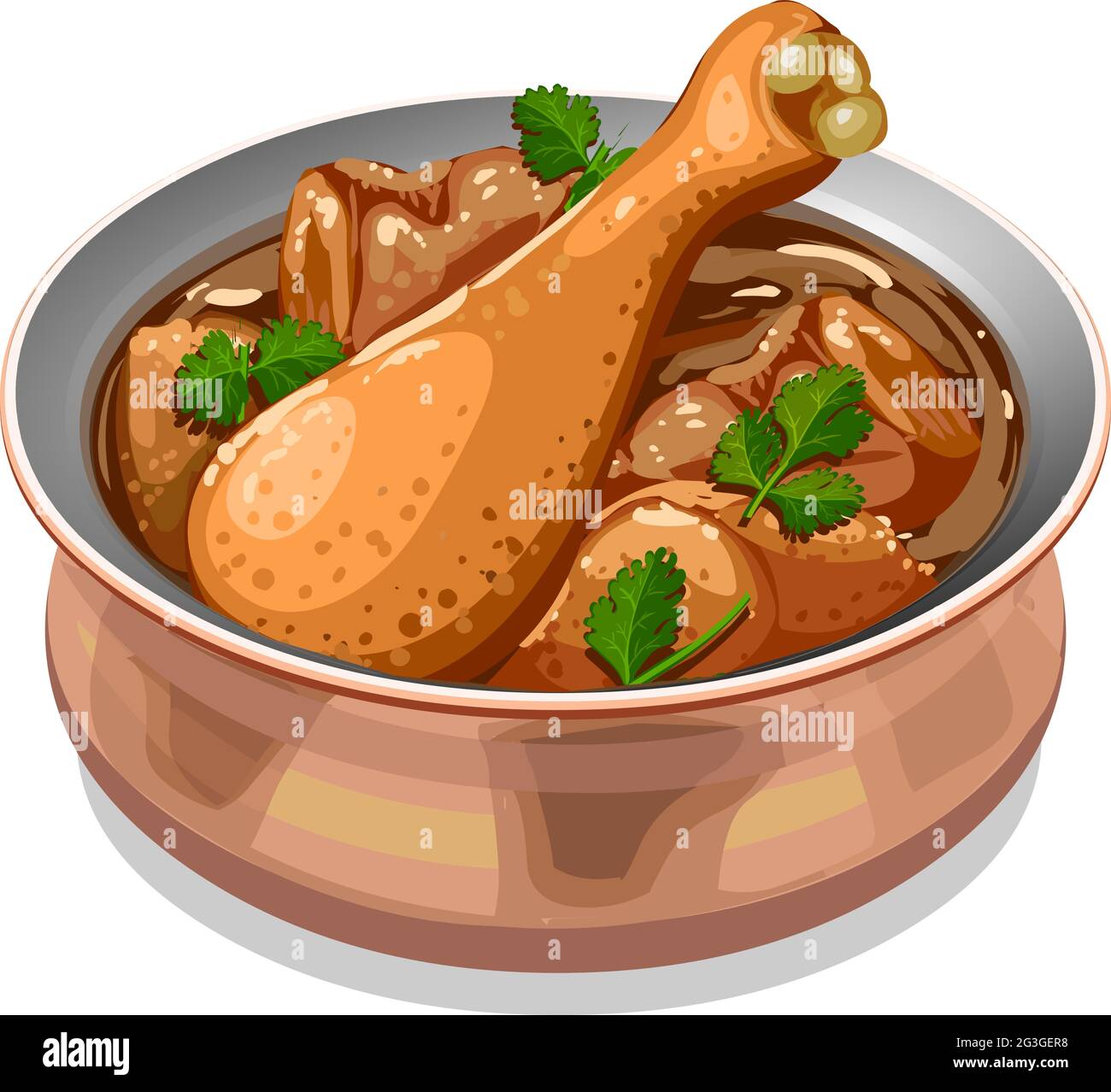 Illustration vectorielle de curry de poulet ou de masala, curry de poulet de style indien du Sud, disposé dans un récipient de cuivre et garni de feuilles de coriandre. Illustration de Vecteur