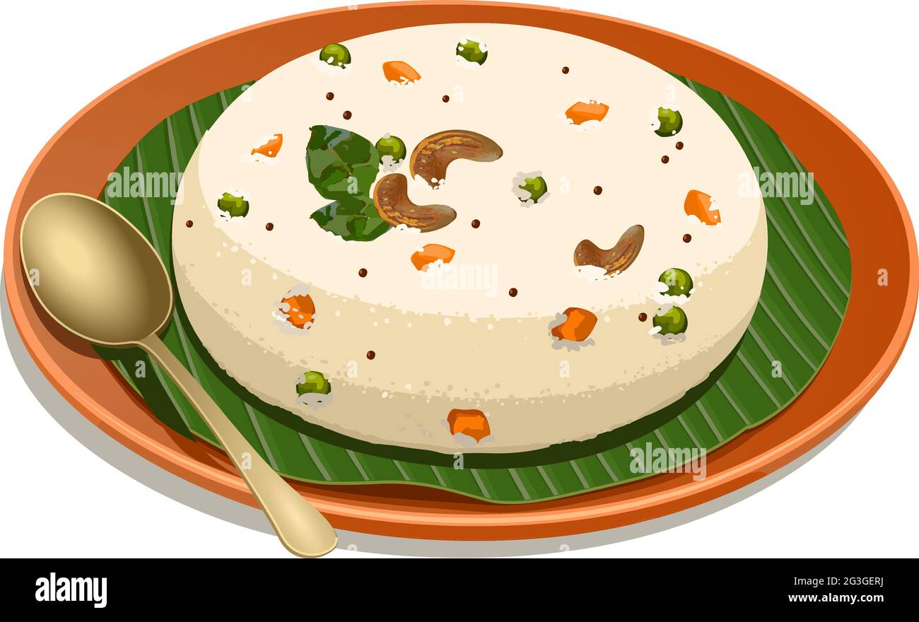 Illustration vectorielle d'Upma faite de samolina ou de rava upma, le plus célèbre petit-déjeuner indien du sud qui est magnifiquement arrangé dans une assiette et la garniture Illustration de Vecteur