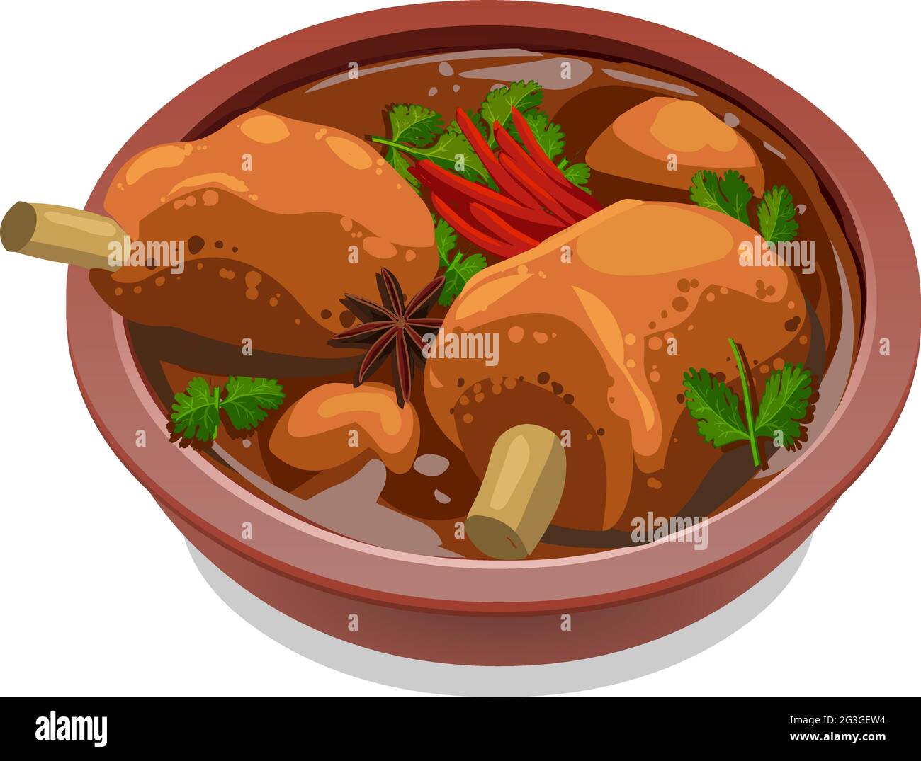 Illustration vectorielle de curry de mouton ou curry d'agneau, plat épicé et délicieux garni de feuilles de curry, de feuilles de coriandre et de piment rouge dans un terrenwa Illustration de Vecteur