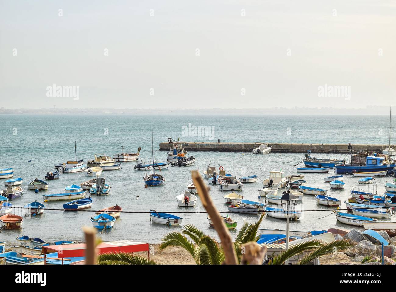 Vue panoramique sur les bateaux de pêche dans un vieux port d'Alger, Algérie. Banque D'Images