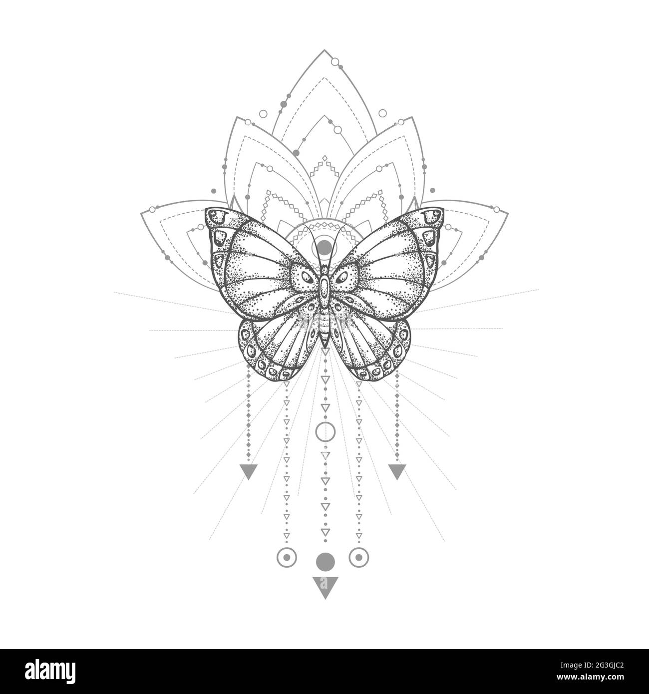 Illustration vectorielle avec papillon dessiné à la main et symbole géométrique Sacré sur fond blanc. Signe mystique abstrait. Forme linéaire noire. Pour vous desig Illustration de Vecteur