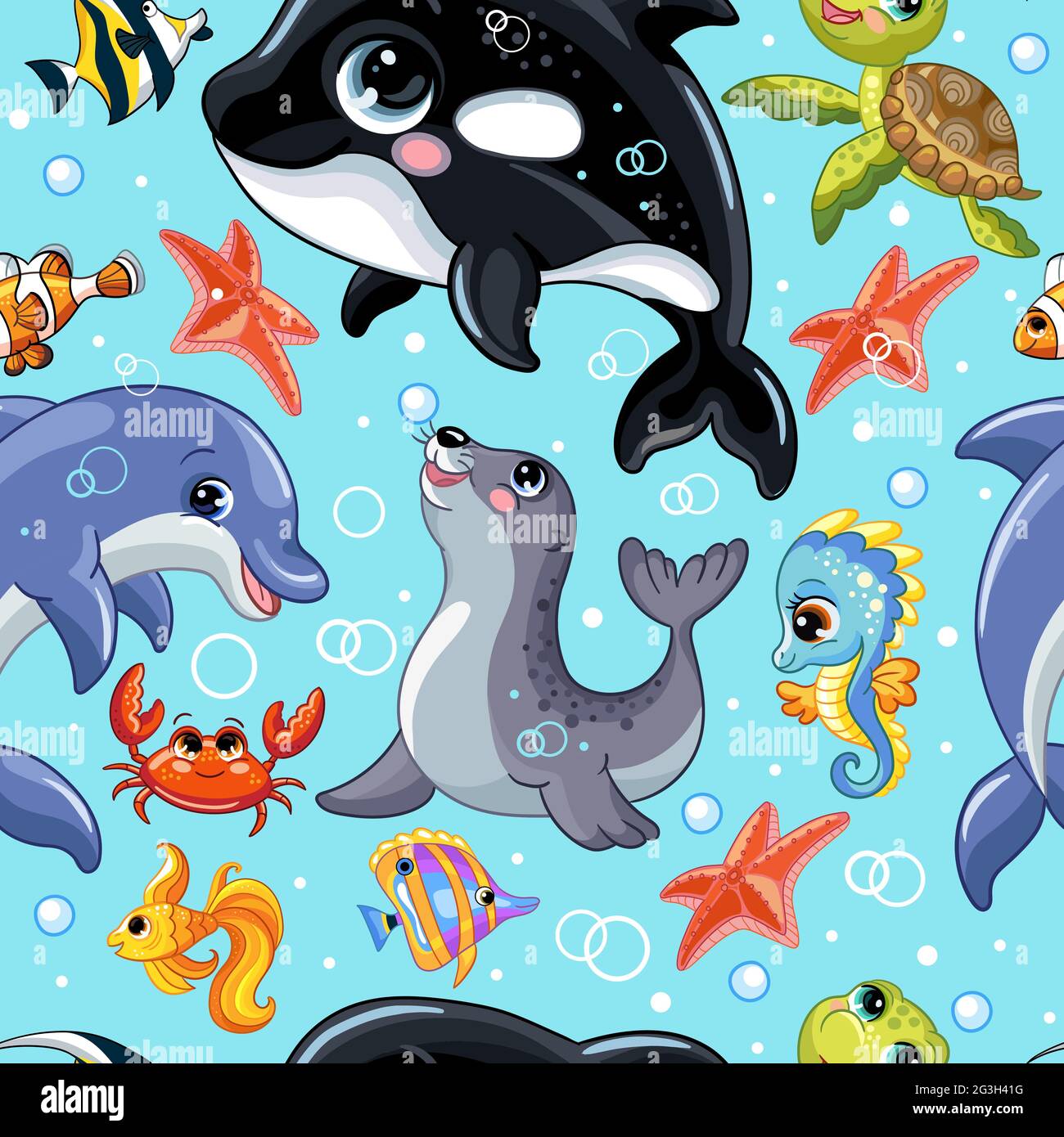 Motif vectoriel sans couture avec adorable animaux aquatiques orque, hippocampe, phoque, dauphin, tortue. Illustration colorée vecteur fond enfants confond Illustration de Vecteur