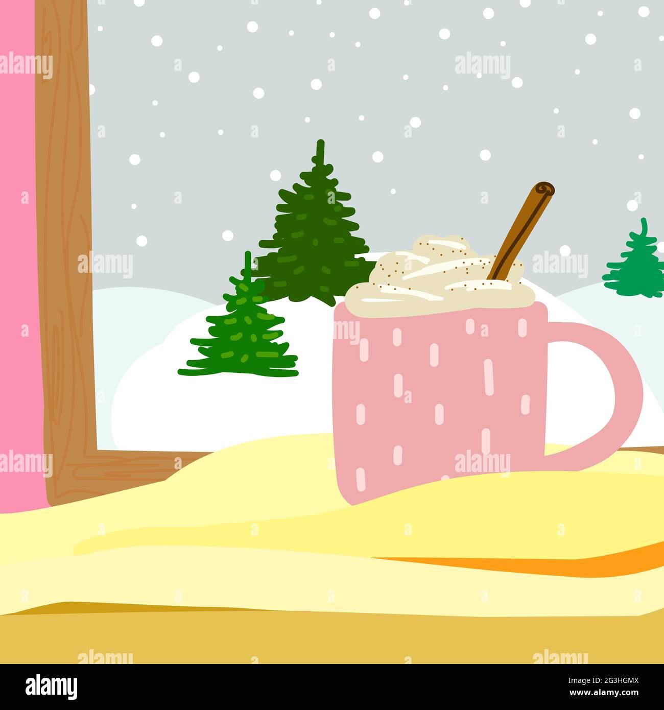 Illustration vectorielle scandinave confortable. Tasse rose mignonne avec une boisson chaude sur un tissu écossais. Intérieur avec un paysage d'hiver de la fenêtre sur le TR de Noël Illustration de Vecteur