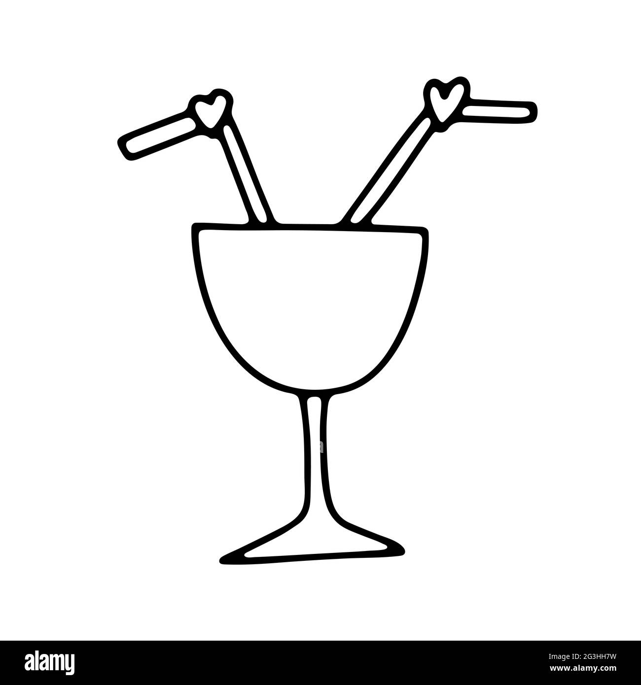 Cocktail Doodle pour deux. Verre de contour avec pailles isolées sur fond blanc. Vaisselle avec cœur signe d'amour. Saint-Valentin, date, mariage rom Illustration de Vecteur