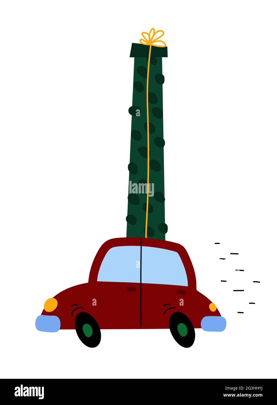 Carte de Noël festive. Voiture rouge avec cadeau isolé sur fond blanc. Bannière des fêtes du nouvel an. Boîtier incliné sur le toit du concept de voiture. Livraison rapide Illustration de Vecteur