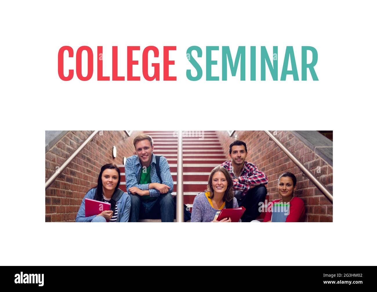 Composition du texte du séminaire collégial en rouge et vert, avec des étudiants souriants dans les escaliers, en blanc Banque D'Images