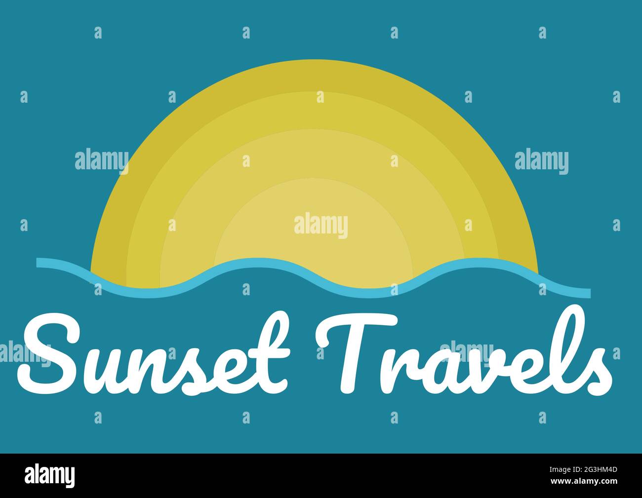 Composition du coucher de soleil voyage texte, avec le soleil et la mer design sur bleu Banque D'Images