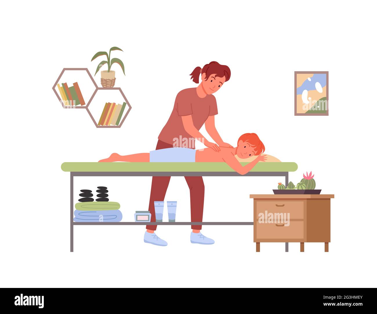 Traitement de massage de physiothérapie, thérapeute professionnel médical faisant le massage à l'enfant Illustration de Vecteur