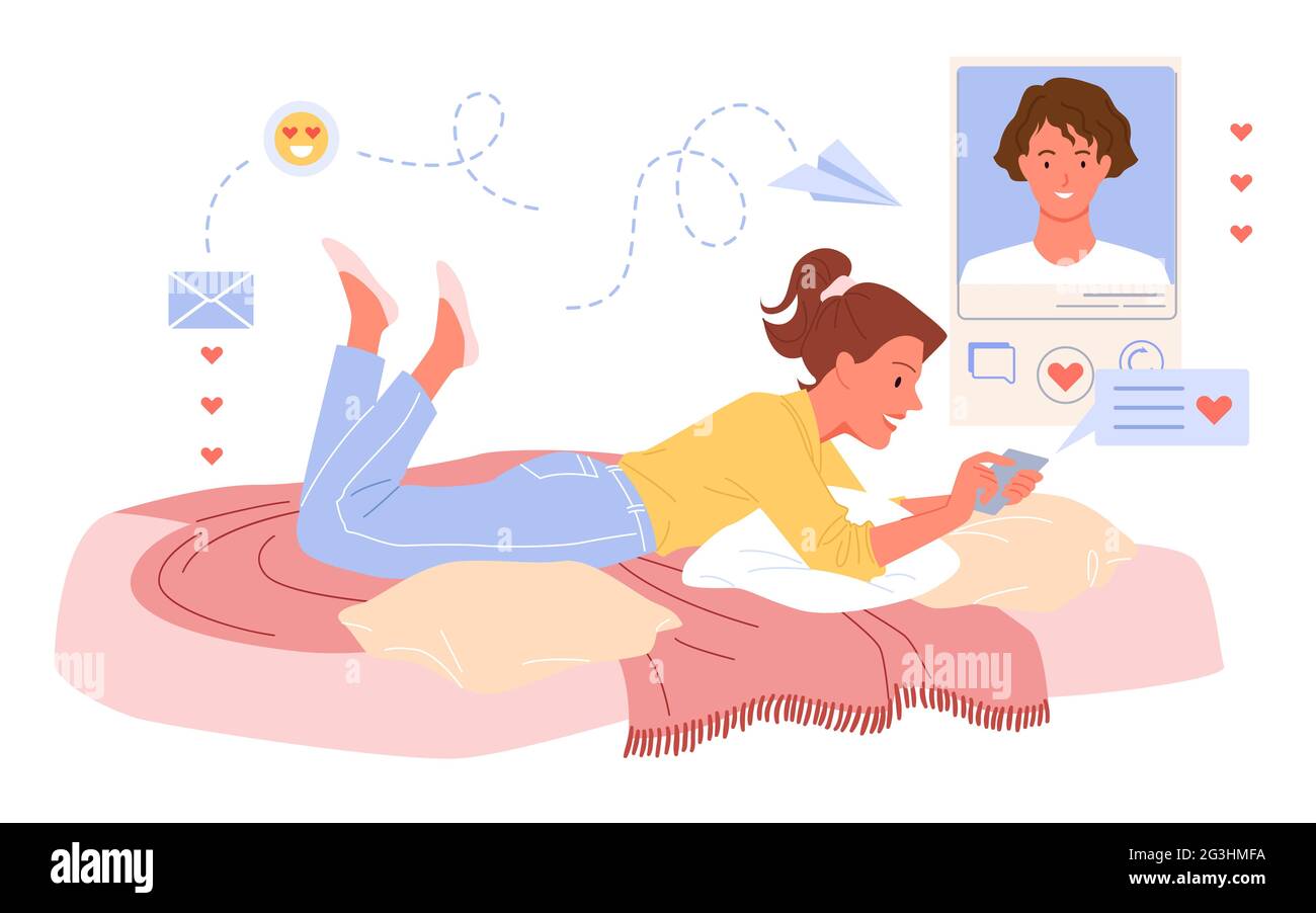 Chat de messagerie en ligne, communication d'amour, fille couché sur canapé paresseux à la maison et chat Illustration de Vecteur