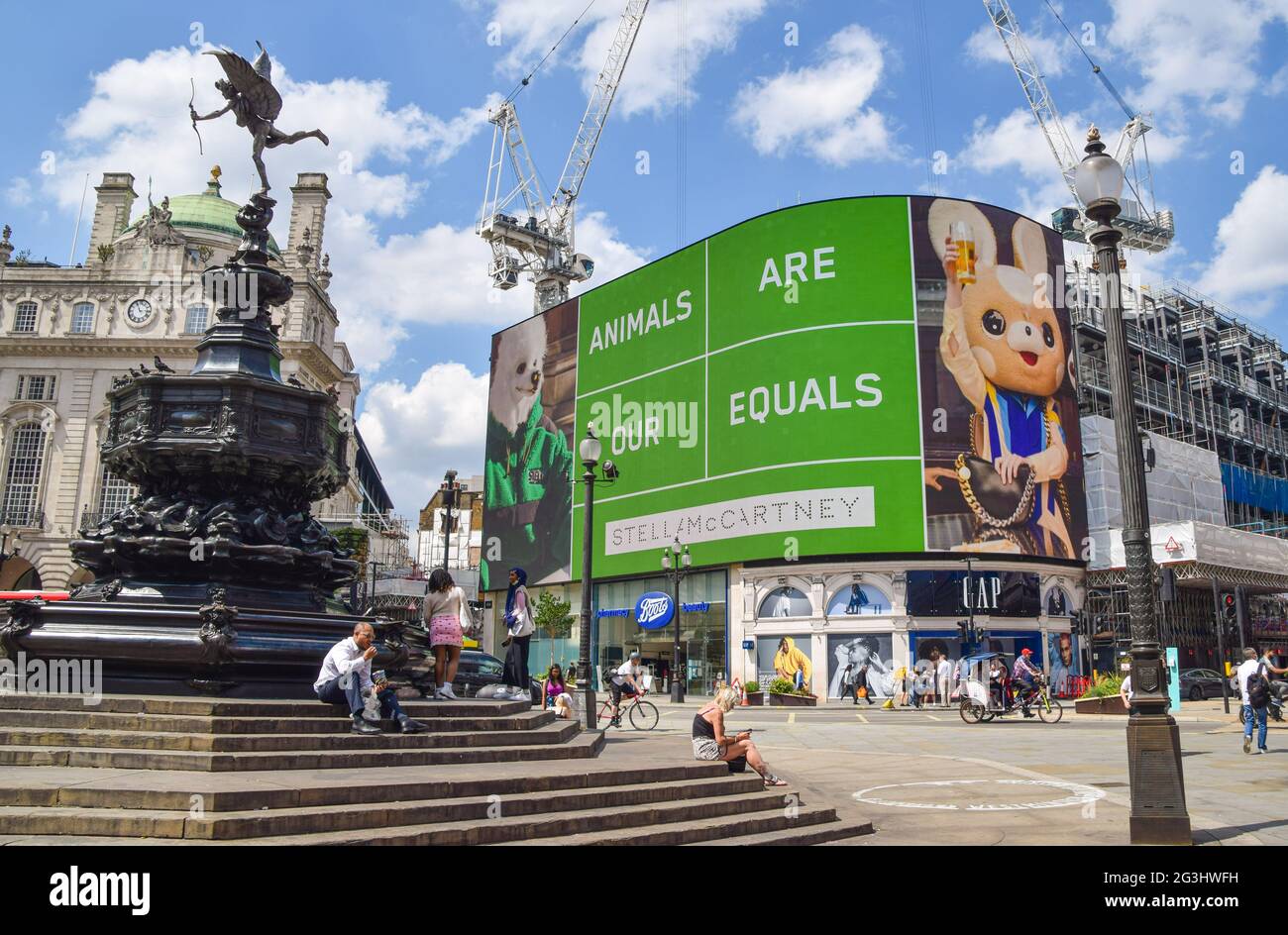 Londres, Royaume-Uni. 16 juin 2021. « les animaux sont nos égaux » est affiché sur les écrans de Piccadilly Circus, dans le cadre d'une campagne pour une société sans cruauté et sans fourrure par le designer de mode Stella McCartney et Humane Society International. Crédit : Vuk Valcic/SOPA Images/ZUMA Wire/Alay Live News Banque D'Images