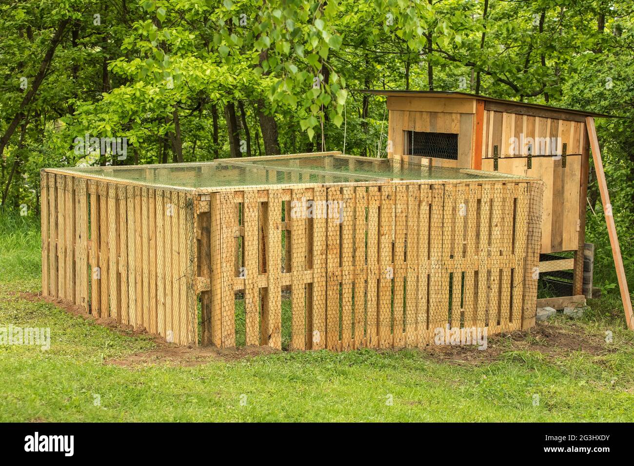 Henhouse construit de palettes en bois. Un petit coop de poulet près de la  forêt. Élevage de poules. Petite ferme Photo Stock - Alamy