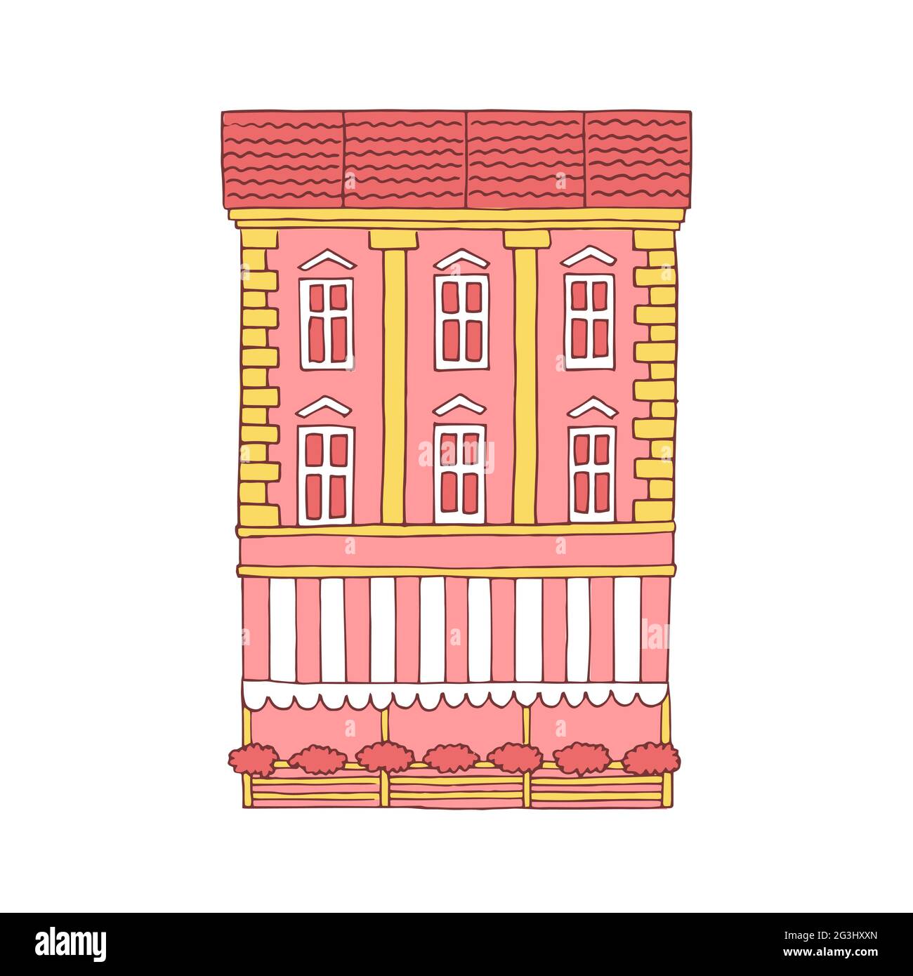 Bel immeuble urbain rétro avec un café au rez-de-chaussée. Illustration de dessin animé de couleur vectorielle dessinée à la main Illustration de Vecteur