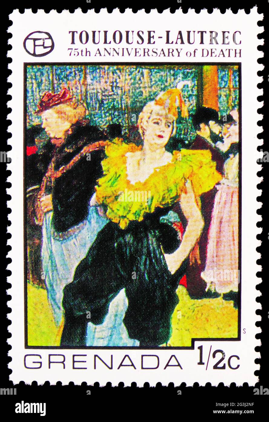 MOSCOU, RUSSIE - 15 AVRIL 2021 : le timbre-poste imprimé à la Grenade montre « Cha-U-Kao au Moulin Rouge », 75e anniversaire de la mort de Toulouse-Lautrec se Banque D'Images