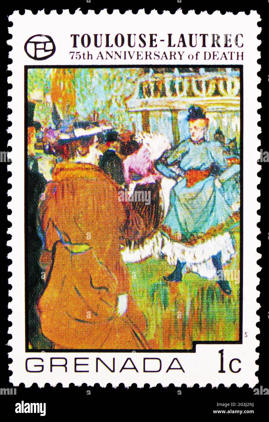 MOSCOU, RUSSIE - 15 AVRIL 2021 : le timbre-poste imprimé à la Grenade montre « Quadrille du Moulin Rouge », 75e anniversaire de la mort de Toulouse-Lautrec se Banque D'Images