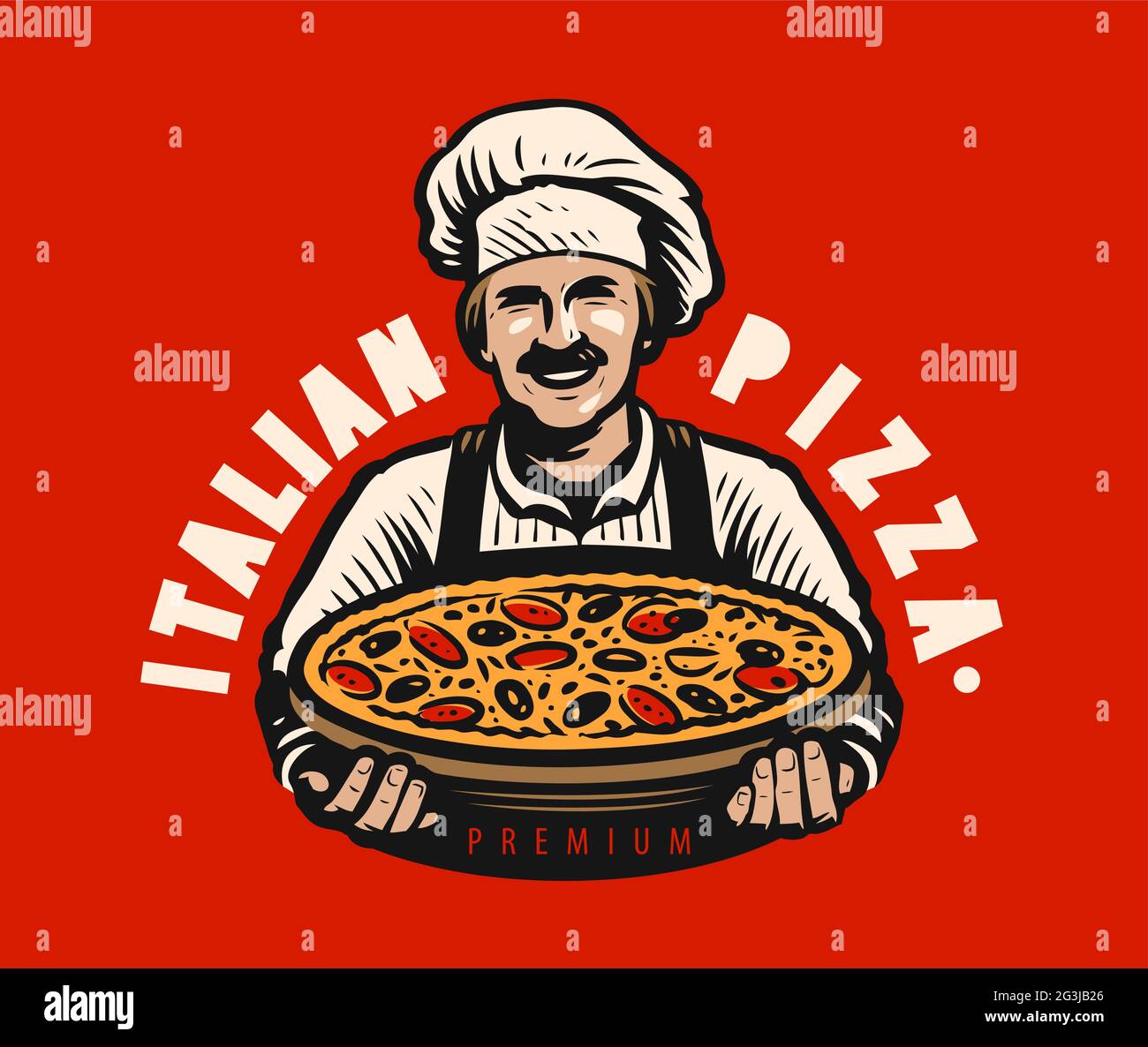 Chef avec pizza italienne fraîchement cuite. Illustration vectorielle du logo du restaurant Illustration de Vecteur