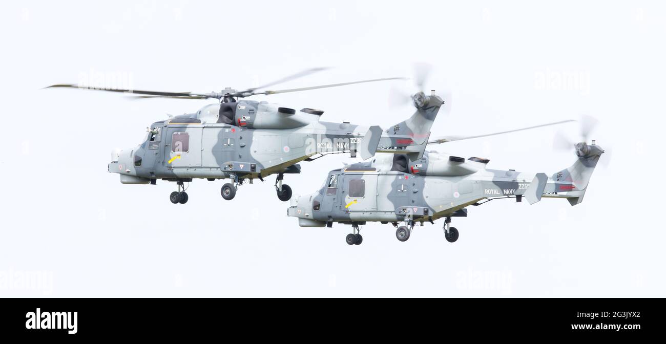 LEEUWARDEN, Pays-Bas - 11 juin 2016 : Royal Navy (Black Cats Display Team) Agusta Westland AW-159 Wildcat HMA2 performing Banque D'Images