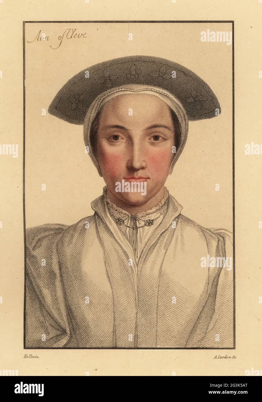 Anne de Cleves, 4e épouse du roi Henri VIII, 1515-1557, reine d'Angleterre. Parfois identifiée comme sa sœur Amalia de Cleves, 1517-1586.. Ann de Cleve. Gravure à l'effigie d'Anthony Cardon sur une plaque de coperplate de couleur main après un portrait de Hans Holbein le plus jeune à partir d'imitations de dessins originaux de Hans Holbein, John Chamberlaine, Londres, 1812. Banque D'Images