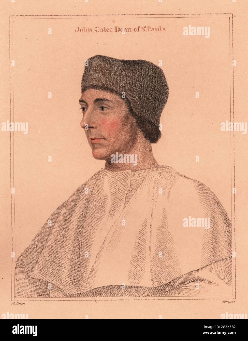 John Colet, doyen de la cathédrale Saint-Paul, érudit et ami d'Erasmus, fondateur de l'école Saint-Paul, 1467-1519. Gravure à l'effigie d'un copperplate de couleur main par E. Bocquet après un portrait de Hans Holbein le plus jeune imprimé sur papier rose à partir d'imitations des dessins originaux de Hans Holbein, John Chamberlaine, Londres, 1812. Banque D'Images