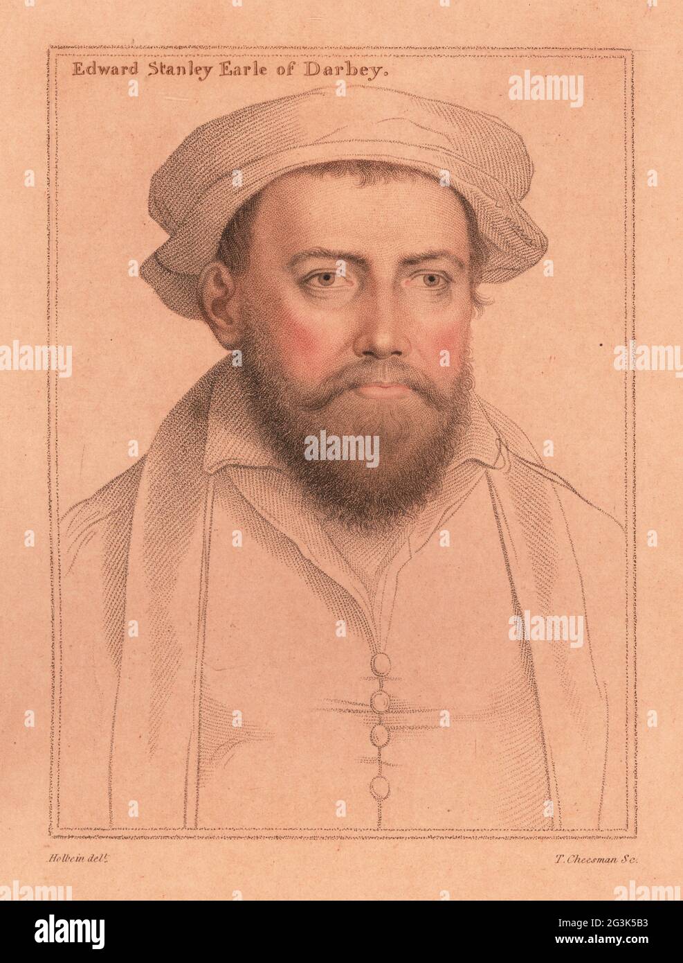 Edward Stanley, 3e comte de Derby, noble anglais, porte-gobelet à Anne Boleyn, 1509-1572. Edward Stanley, Earle de Darbey. Gravure à l'effigie d'un copperplate de couleur main par Thomas Cheesman après un portrait de Hans Holbein le plus jeune imprimé sur papier rose à partir d'imitations de dessins originaux de Hans Holbein, John Chamberlaine, Londres, 1812. Banque D'Images