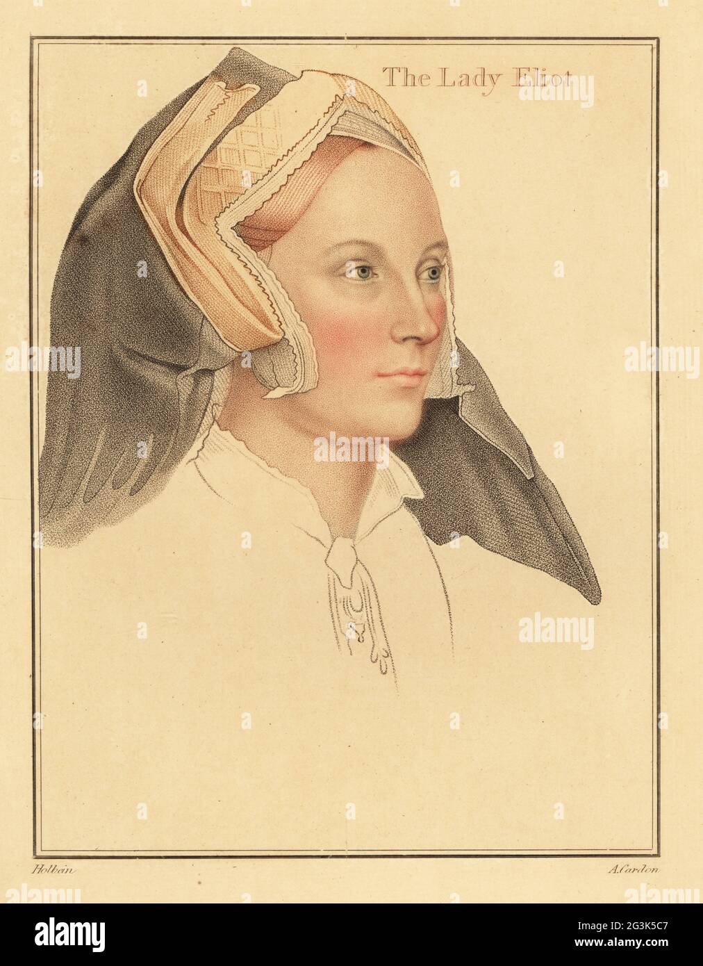 Margaret (née Abarrow), Lady Elyot, meurt en 1569. Épouse de Sir Thomas Elyot, diplomate et érudit anglais. Dans l'adresse de la hotte à pignon. La Dame Eliot. Gravure à l'effigie d'Anthony Cardon sur une plaque de coperplate de couleur main après un portrait de Hans Holbein le plus jeune à partir d'imitations de dessins originaux de Hans Holbein, John Chamberlaine, Londres, 1812. Banque D'Images