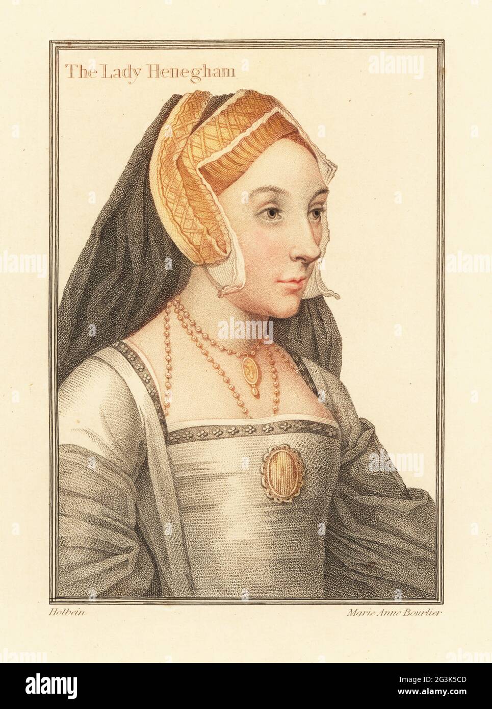 Mary Shelton, Lady Heveningham, vers 1510–1563, épouse de sir Anthony Heveningham de Ketteringham, maîtresse du roi Henri VIII Rédacteur du manuscrit de Devonshire. Dans l'adresse de la hotte à pignon. La Lady Henegham. Gravure à l'effigie d'une plaque de coperplate de couleur main par Marie Anne Bourlier après un portrait de Hans Holbein le plus jeune à partir d'imitations de dessins originaux de Hans Holbein, John Chamberlaine, Londres, 1812. Banque D'Images