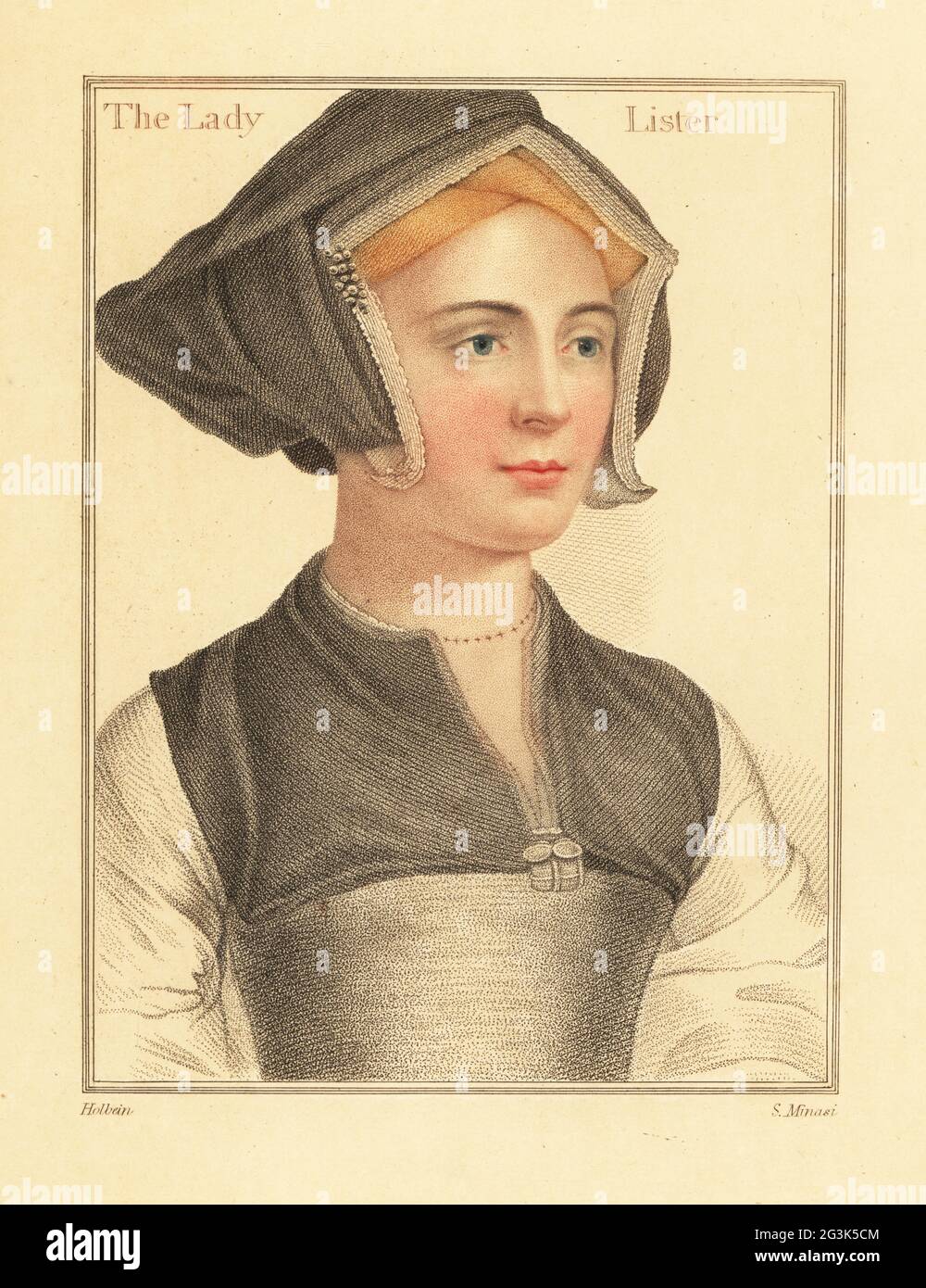 Isabel Shirley, Lady Lyster, épouse du juge en chef anglais Sir Richard Lyster. Dans l'adresse de la hotte à pignon. La Lady Lister. Gravure à l'effigie d'un copperplate de couleur main par S. Minasi après un portrait de Hans Holbein le plus jeune à partir d'imitations de dessins originaux de Hans Holbein, John Chamberlaine, Londres, 1812. Banque D'Images