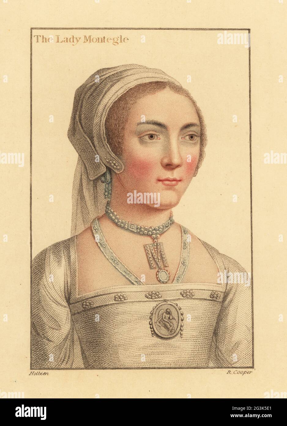 Lady Mary Brandon, baronne Monteagle, 1510 - c.1544, épouse de Thomas Stanley, 2e baron Monteagle, dame en attente de la reine Jane Seymour, troisième épouse de Henry VIII. Aussi identifié comme Ellen Preston. La Dame Montegle. Gravure à l'effigie d'un copperplate de couleur main par Robert Cooper après un portrait de Hans Holbein le plus jeune à partir d'imitations de dessins originaux de Hans Holbein, John Chamberlaine, Londres, 1812. Banque D'Images