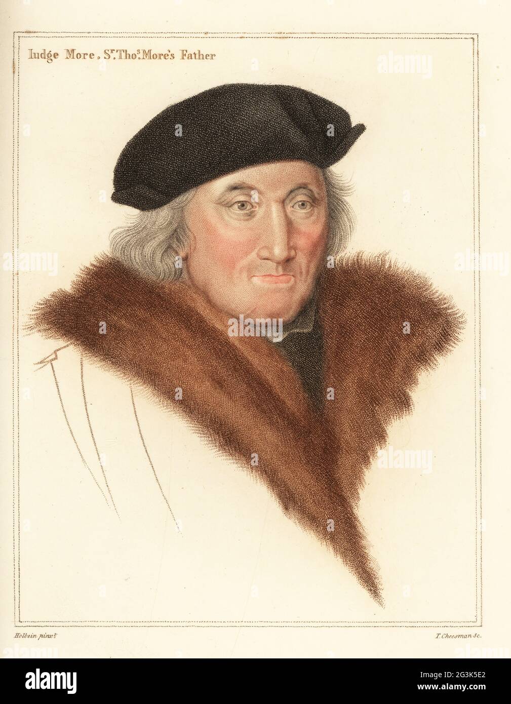 Sir John More, avocat et juge (1451-1533). Père de Thomas More, Lord Chancelier d'Henry VIII. Ioudge More, Sr. Thos. Le Père de More. Gravure à l'effigie d'un copperplate de couleur main par Thomas Cheesman après un portrait de Hans Holbein le plus jeune à partir d'imitations de dessins originaux de Hans Holbein, John Chamberlaine, Londres, 1812. Banque D'Images