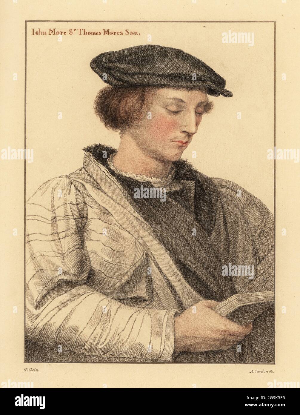 John More, âgé de 19 ans, lisant un livre, vers 1526. Fils de Sir Thomas More et de sa première femme Jane Colt. Iohn More, fils de Sr Thomas More. Gravure à l'effigie d'Anthony Cardon sur une plaque de coperplate de couleur main après un portrait de Hans Holbein le plus jeune à partir d'imitations de dessins originaux de Hans Holbein, John Chamberlaine, Londres, 1812. Banque D'Images