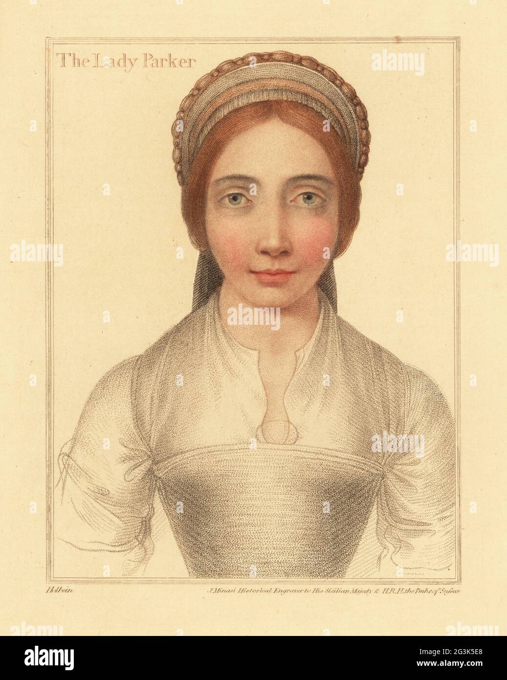 Lady Parker, épouse de Sir Henry Parker. Première femme Grace Newport, ou deuxième femme Elizabeth Malthrope. Aussi identifié comme Jane Boleyn (née Parker), belle-sœur d'Anne Boleyn. Gravure à l'effigie d'un copperplate de couleur main par James Minasi après un portrait de Hans Holbein le plus jeune à partir d'imitations de dessins originaux de Hans Holbein, John Chamberlaine, Londres, 1812. Banque D'Images