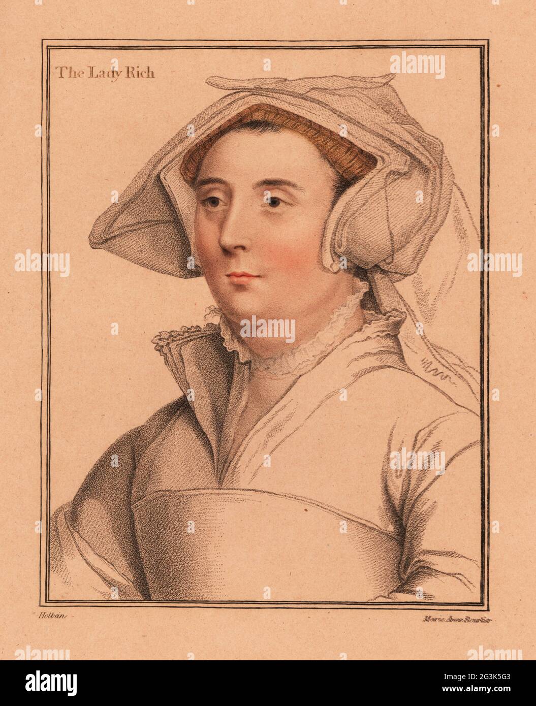 Elizabeth Jenkes, Lady Rich, épouse de Sir Richard Rich, 1er baron Rich (1496-1567), Lord Chancellor sous le règne du roi Edward VI Dans l'adresse de la hotte à pignon. Gravure à l'effigie d'une plaque de coperplate de couleur main par Marie Anne Bourlier après un portrait de Hans Holbein le plus jeune à partir d'imitations de dessins originaux de Hans Holbein, John Chamberlaine, Londres, 1812. Banque D'Images