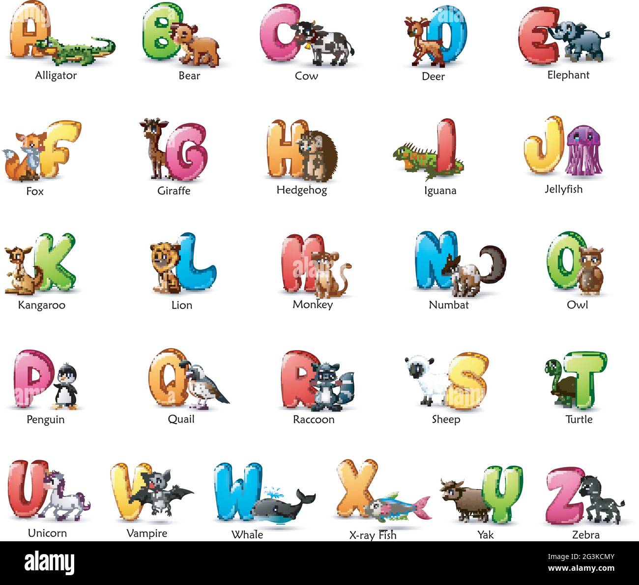 Ensemble d'alphabet coloré de dessin animé avec différents animaux Illustration de Vecteur