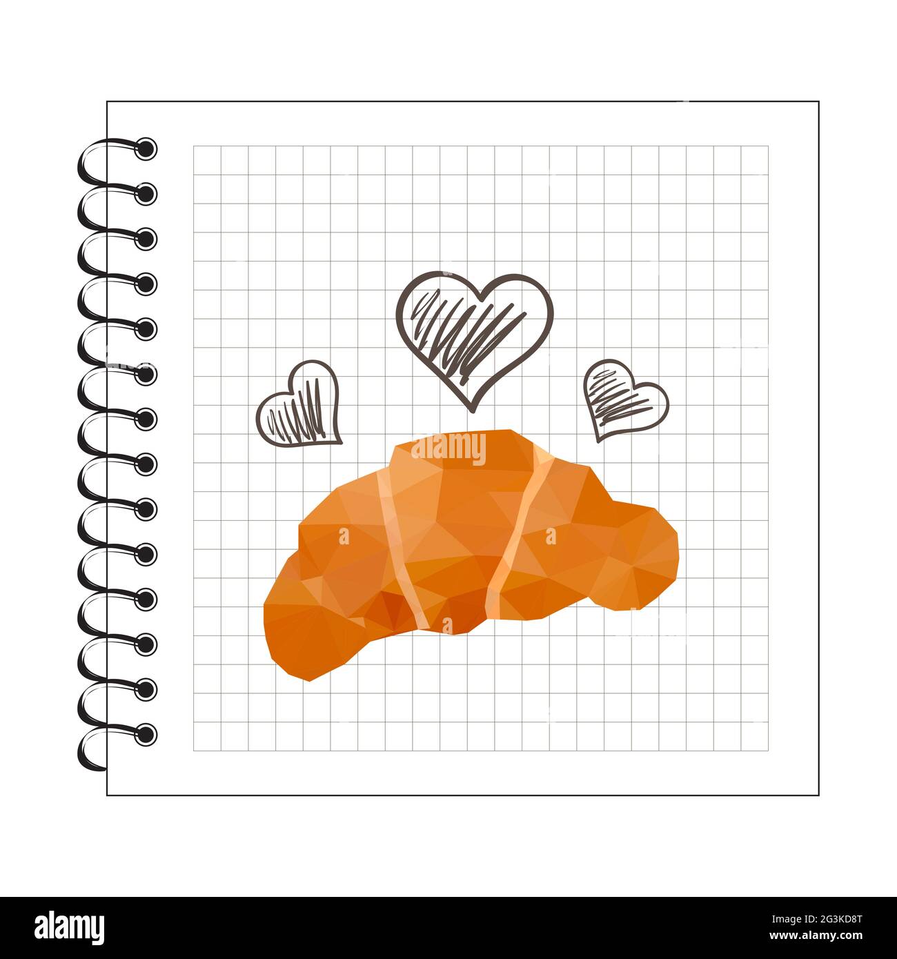 Illustration d'un croissant cuit à l'origami sur un bloc-notes Banque D'Images