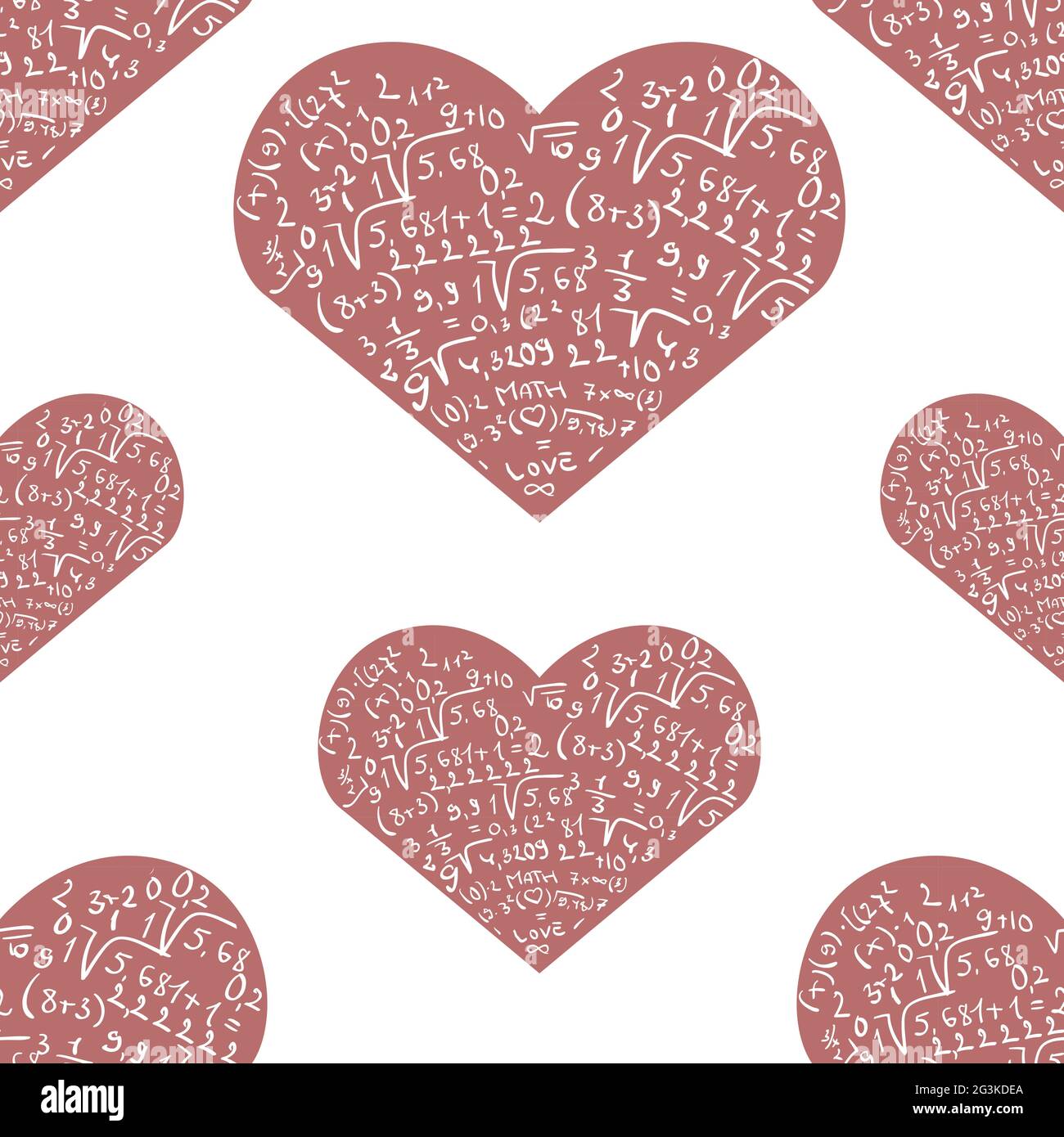 Motif sans couture avec formule mathématique sur les formes de coeur roses Banque D'Images