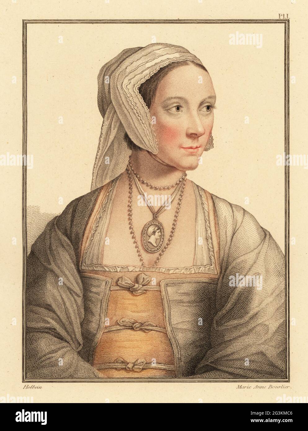 Cicely More, 20 ans, était la fille de Sir Thomas More. En 1525, elle épousa Giles Heron, une paroisse de plus. Gravure à l'effigie d'une plaque de coperplate de couleur main par Marie Anne Bourlier après un portrait de Hans Holbein le plus jeune à partir d'imitations de dessins originaux de Hans Holbein, John Chamberlaine, Londres, 1812. Banque D'Images