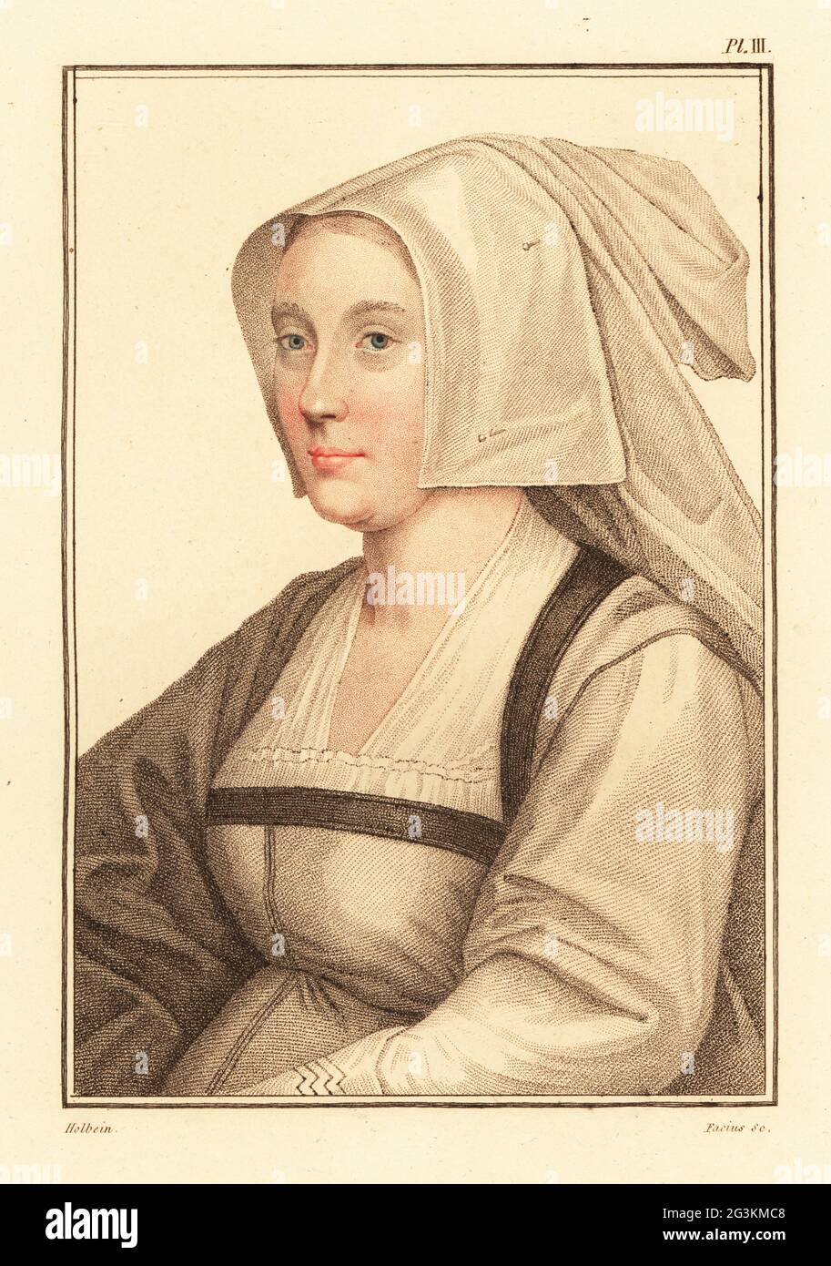 Portrait d'une femme inconnue, cour du roi Henri VIII, c. 1532. Gravure à l'effigie d'un coperplate de couleur main par George Sigmund Facius après un portrait de Hans Holbein le plus jeune à partir d'imitations des dessins originaux de Hans Holbein, John Chamberlaine, Londres, 1812. Banque D'Images