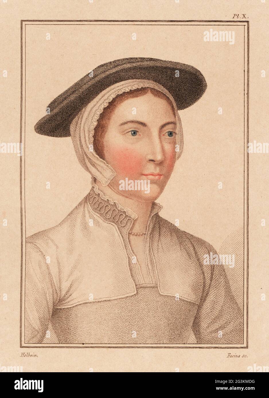 Portrait d'une femme inconnue, cour d'Henry VIII, c. 1532. Peut-être Anne Herbert, comtesse de Pembroke, femme en attente des six femmes d'Henry VIII et sœur de la dernière femme Catherine Parr. Gravure à l'effigie d'un coperplate de couleur main par George Sigmund Facius après un portrait de Hans Holbein le plus jeune à partir d'imitations de dessins originaux de Hans Holbein, John Chamberlaine, Londres, 1812. Banque D'Images