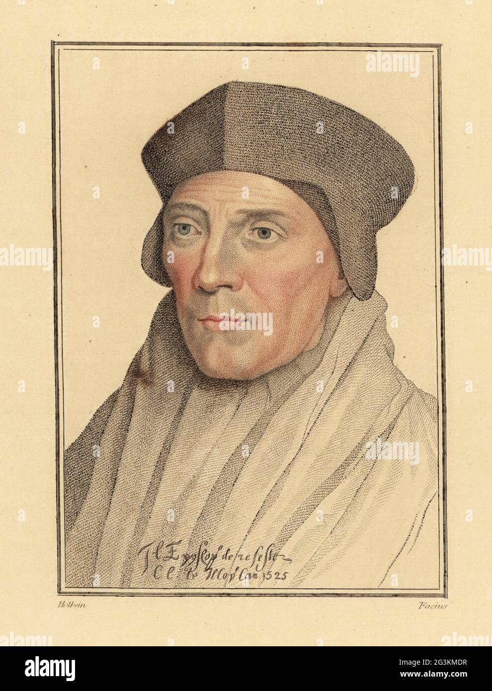 John Fisher, évêque de Rochester (1469-1535). Exécuté en 1535 pour avoir refusé d'accepter Henry VIII comme chef légitime de l'Église chrétienne. Il Epyscopo de resester C lato il Copo Cano 1525. Gravure à l'effigie d'un coperplate de couleur main par George Sigmund Facius après un portrait de Hans Holbein le plus jeune à partir d'imitations de dessins originaux de Hans Holbein, John Chamberlaine, Londres, 1812. Banque D'Images