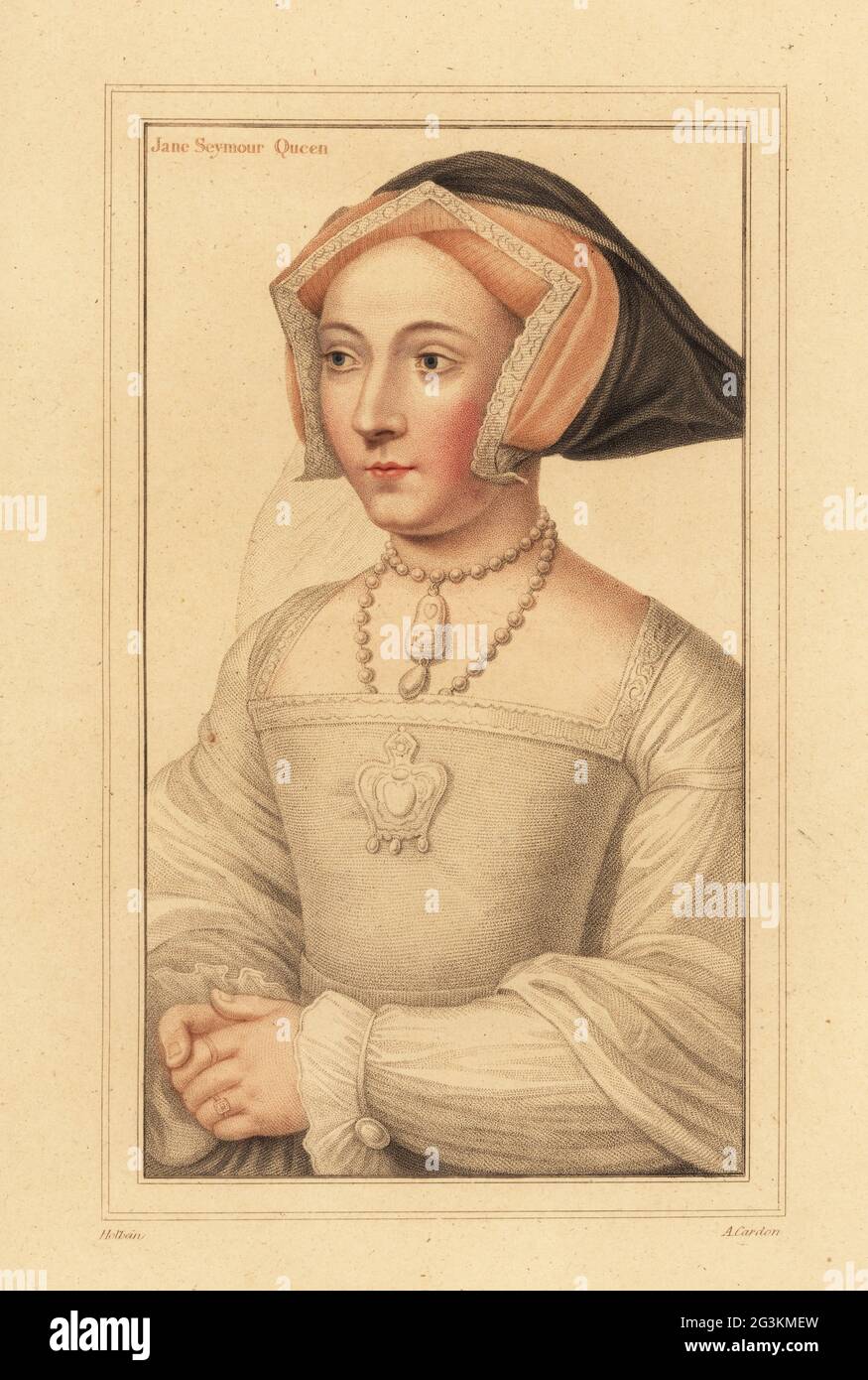 Jane Seymour, reine d'Angleterre, épouse du roi Henri VIII, fille de Sir John Seymour, mère du roi Edward VI Dans l'adresse de la hotte à pignon. Jane Seymour, Reine. Gravure à l'effigie d'Anthony Cardon sur une plaque de coperplate de couleur main après un portrait de Hans Holbein le plus jeune à partir d'imitations de dessins originaux de Hans Holbein, John Chamberlaine, Londres, 1812. Banque D'Images