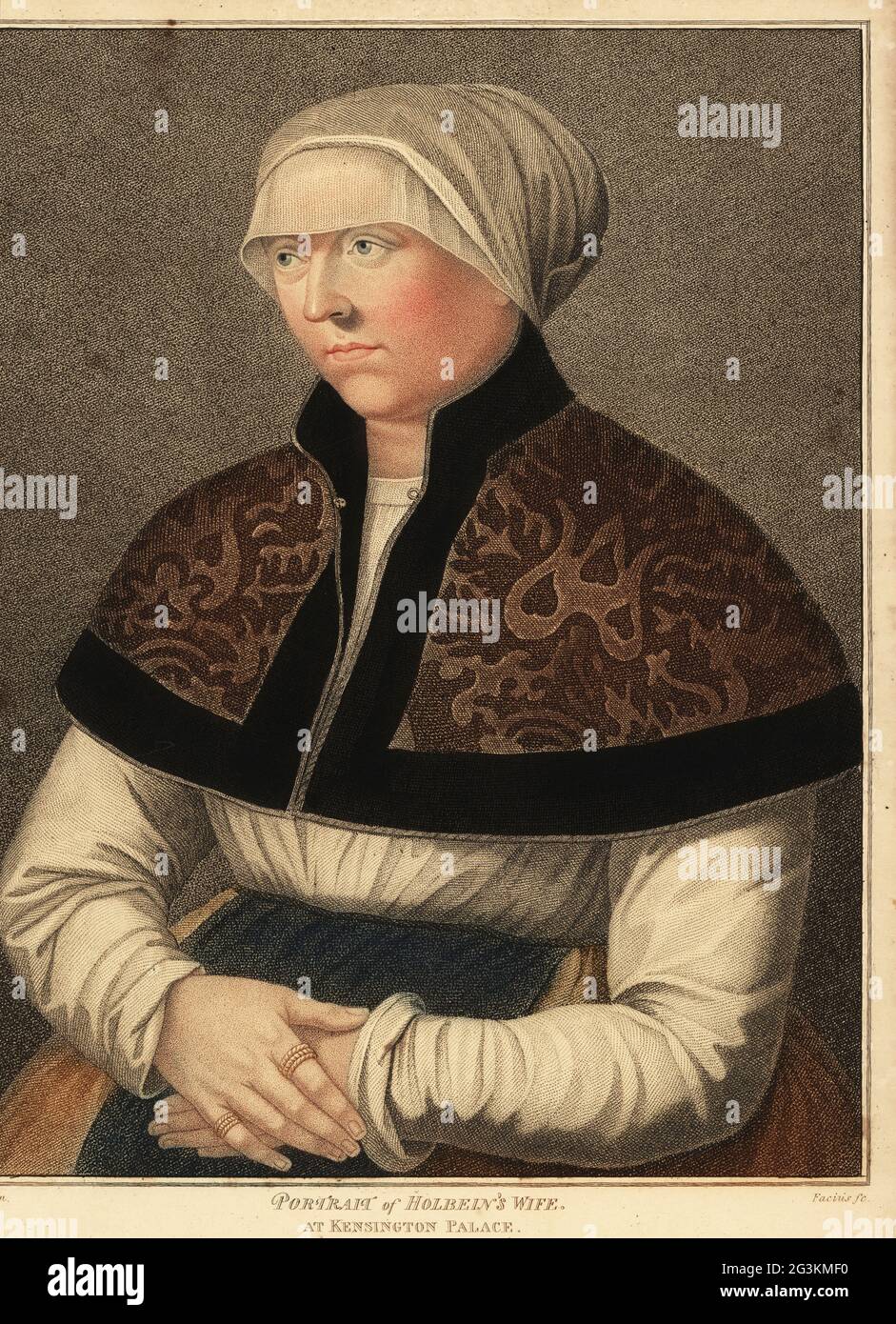 Portrait de l'épouse de Hans Holbein Elsbeth au Palais de Kensington. Gravure à l'effigie d'un coperplate de couleur main par George Sigmund Facius après un portrait de Hans Holbein le plus jeune à partir d'imitations de dessins originaux de Hans Holbein, John Chamberlaine, Londres, 1812. Banque D'Images