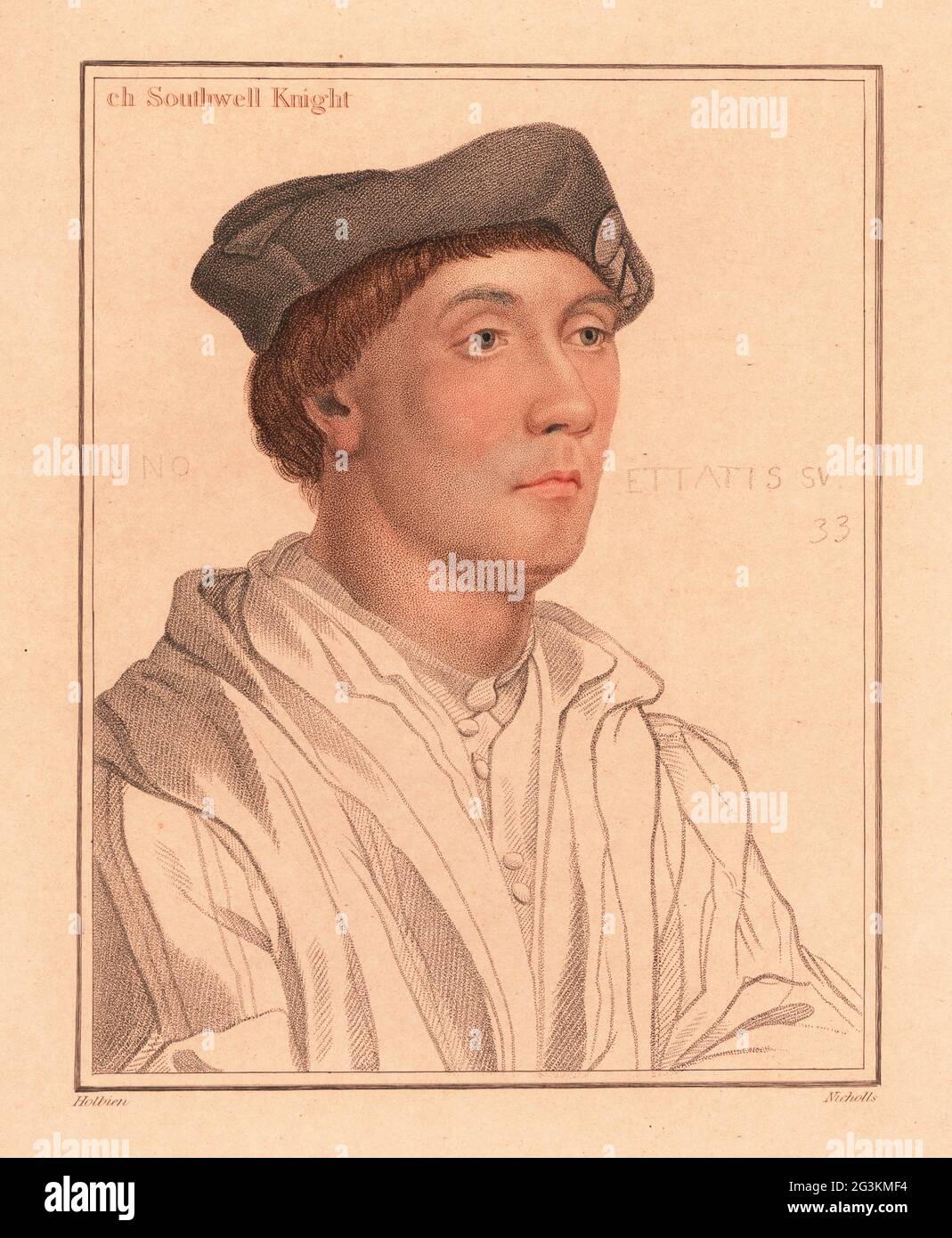 Sir Richard Southwell , 33 ans, Conseiller privé anglais, c. 1502- 1564. [RI]ch Southwell Knight. Anno Ettatis su 33. Gravure à l'effigie d'un copperplate de couleur main par William Nicholls après un portrait de Hans Holbein le plus jeune à partir d'imitations de dessins originaux de Hans Holbein, John Chamberlaine, Londres, 1812. Banque D'Images