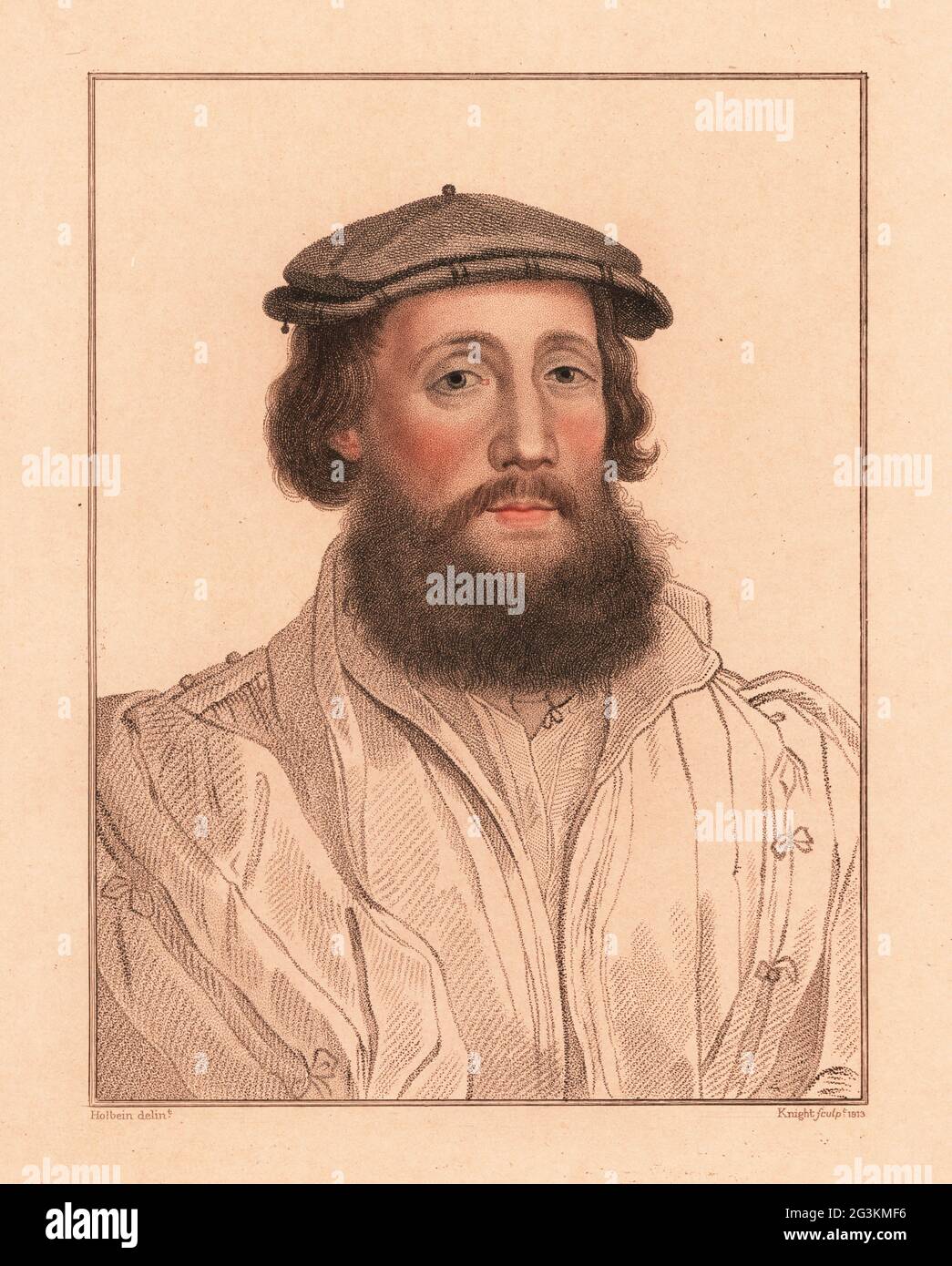 Portrait d'un homme inconnu, cour du roi Henri VIII, c. 1532. Gravure à la main en copperplate de Charles Knight après un portrait de Hans Holbein le plus jeune à partir d'imitations de dessins originaux de Hans Holbein, John Chamberlaine, Londres, 1812. Banque D'Images