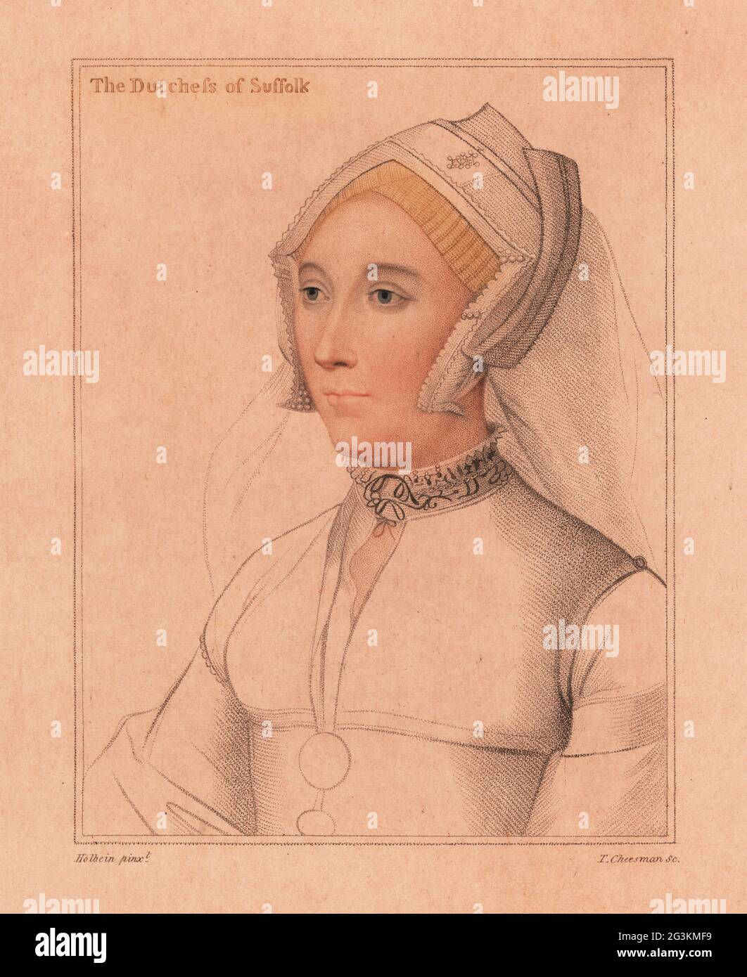 Catherine Brandon, duchesse du Suffolk, 12e baronne Willoughby de Eresby (1519-1580). Dans l'adresse de la hotte à pignon. La Dutchesse de Suffolk. Gravure à l'effigie d'un copperplate de couleur main par Thomas Cheesman après un portrait de Hans Holbein le plus jeune à partir d'imitations de dessins originaux de Hans Holbein, John Chamberlaine, Londres, 1812. Banque D'Images