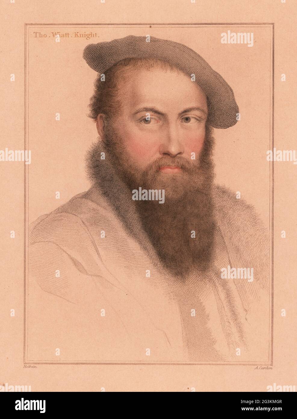 Sir Thomas Wyatt, ambassadeur et poète anglais (1503-1542). Tho. Wiatt Knight. Gravure à l'effigie d'Anthony Cardon sur une plaque de coperplate de couleur main après un portrait de Hans Holbein le plus jeune à partir d'imitations de dessins originaux de Hans Holbein, John Chamberlaine, Londres, 1812. Banque D'Images