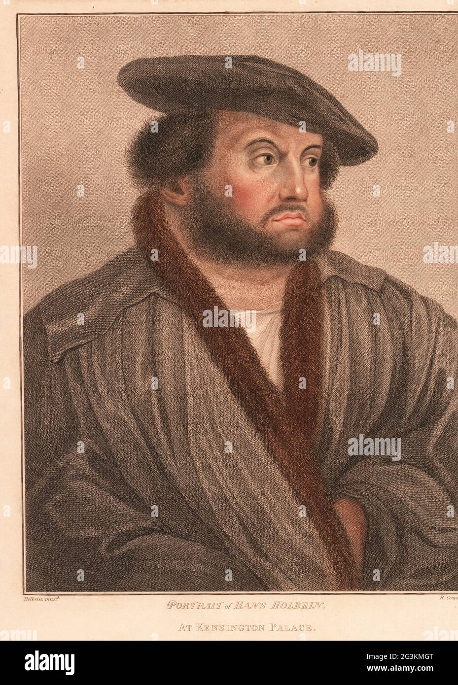 Autoportrait de l'artiste Hans Holbein au Palais de Kensington. Gravure à l'effigie d'un copperplate de couleur main par Robert Cooper après un portrait de Hans Holbein le plus jeune à partir d'imitations de dessins originaux de Hans Holbein, John Chamberlaine, Londres, 1812. Banque D'Images
