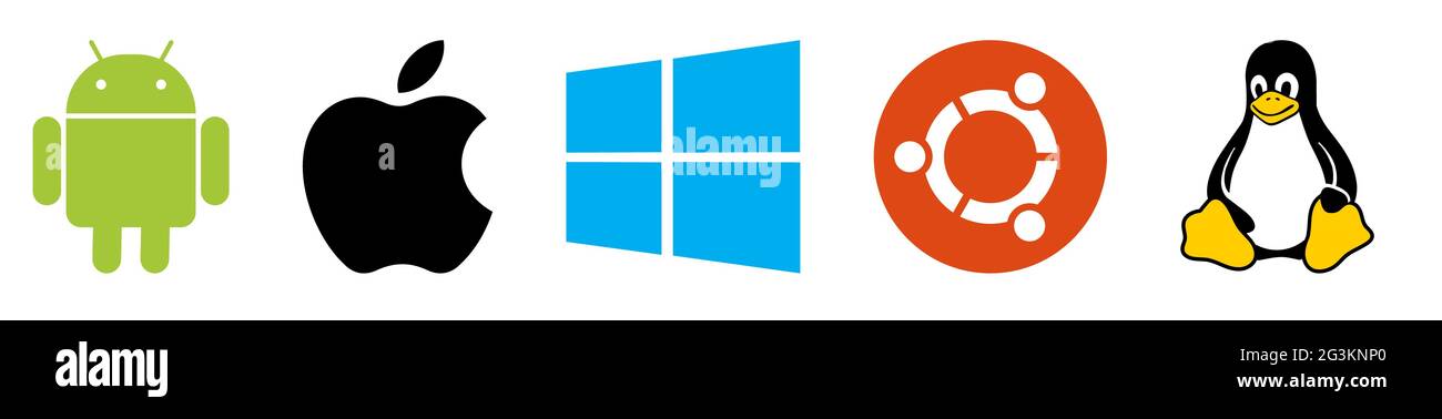 Vinnytsia, Ukraine - 16 juin 2021 ensemble de logos de systèmes d'exploitation de marque supérieure. Android, Mac OS, Windows, Ubuntu, Linux. Illustration éditoriale isolée o Illustration de Vecteur