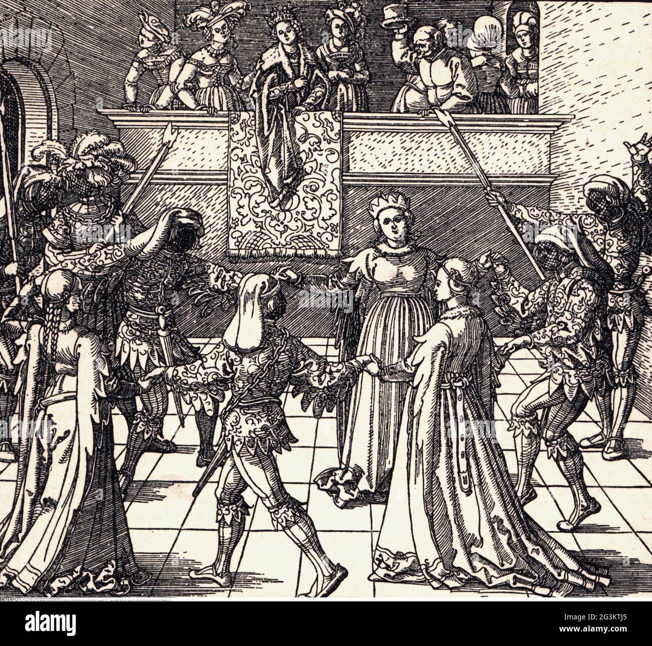 Danse, Moyen âge, danse de lande à un tribunal, coupe de bois d'un maître inconnu, Augsburg, 1517, LE DROIT D'AUTEUR DE L'ARTISTE N'A PAS À ÊTRE AUTORISÉ Banque D'Images