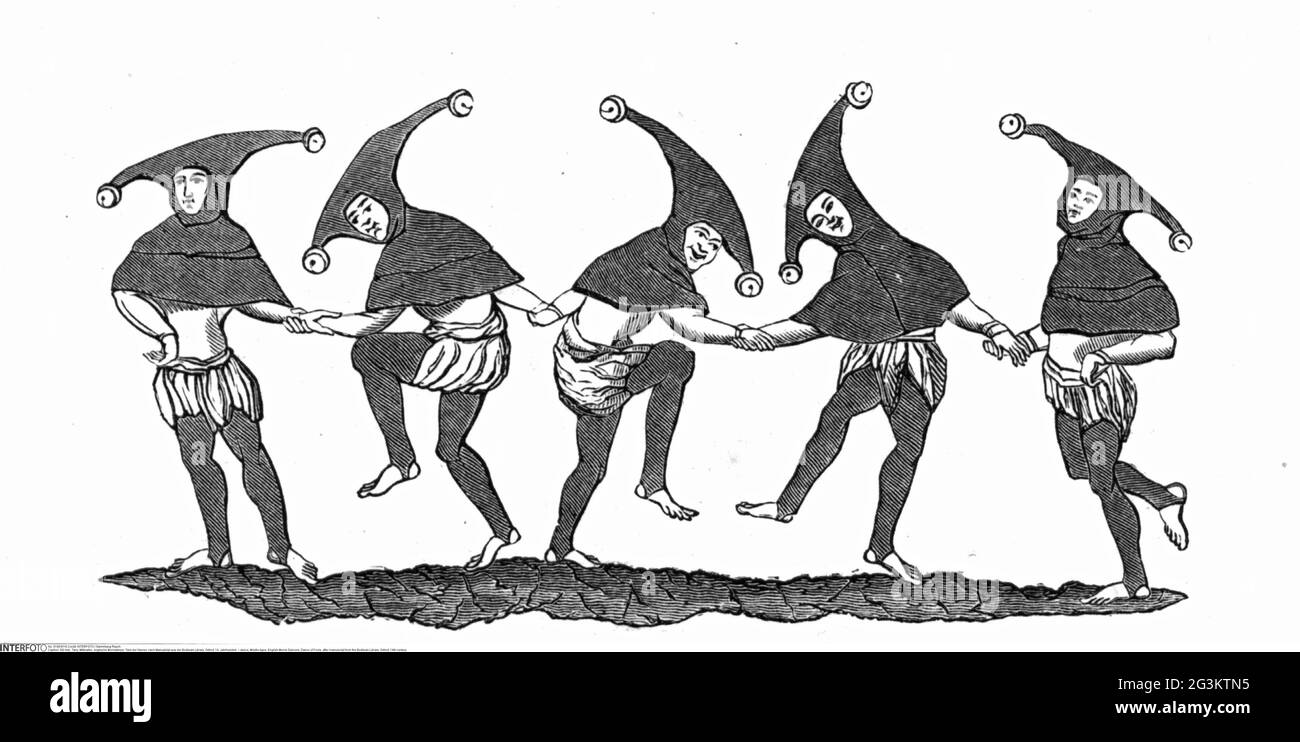 Danse, Moyen âge, danseurs anglais Morris, danse des Fools, après manuscrit de la Bibliothèque Bodleian, LE DROIT D'AUTEUR DE L'ARTISTE N'A PAS À ÊTRE AUTORISÉ Banque D'Images